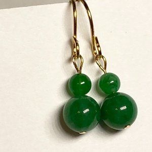 Green Jade Stone Earrings Gold Plated Dangle Round Bead Malaysian Dark 4-6mm